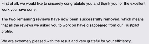 Extrait du message du client, en anglais, qui félicite l’équipe et confirme que tous les avis que nous devions traiter ont disparu de son profil Trustpilot.