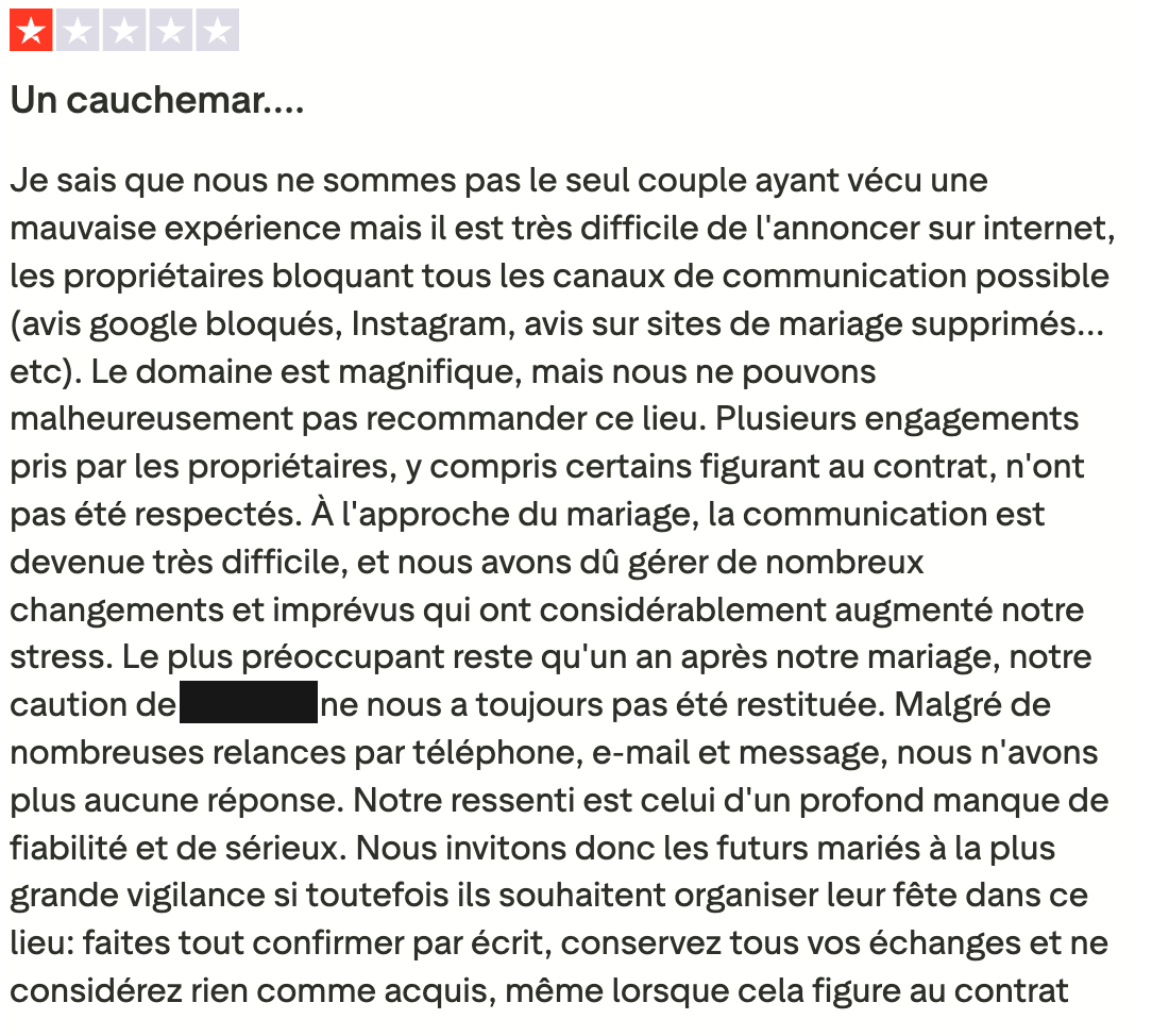 Extrait de l’avis Trustpilot d’origine à une étoile, en français, intitulé « Un cauchemar… ». Les informations sur l’auteur et le montant de la caution sont masquées. Les passages clés sont retranscrits sous l’image.